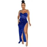 Women Fashion Strap Sequin Mesh See-Through Irregular Split Evening Dress