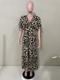 Women Clothing Summer Casual Deep V Neck Half Sleeve Leopard Printed Maxi Dress