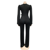 Solid Color Sexy Deep V Wrap Slit Wide Sleeve  Jumpsuit Women One Piece Trousers