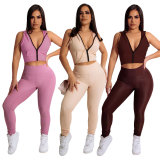 Sexy Clubwear sans manches solide fermeture éclair à capuche Crop Top Slim Fit pantalon deux pièces ensemble