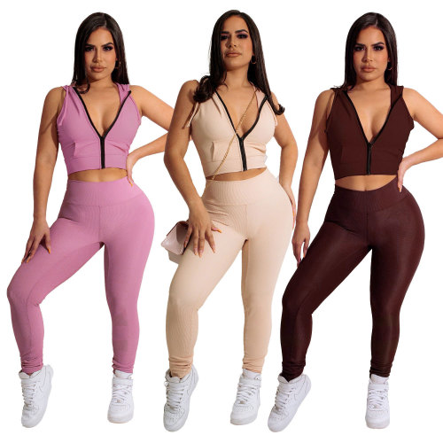 Sexy Clubwear Sleeveless Solid Zipper Hooded Crop Top Slim Fit Trousers Two Piece Set