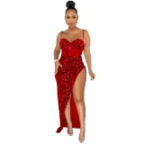 Women Fashion Strap Sequin Mesh See-Through Irregular Split Evening Dress