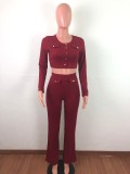 Women Clothing Ribbed Long Sleeve Crop Top + Wide Leg Pants Two Piece Set