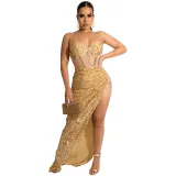 Women Fashion Strap Sequin Mesh See-Through Irregular Split Evening Dress