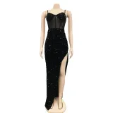 Women Fashion Strap Sequin Mesh See-Through Irregular Split Evening Dress