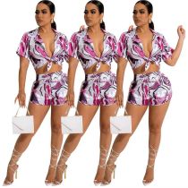 Fashion Style Casual Print Lace-Up Kurzarm Sommer Zweiteiliges Shirt Shorts Set