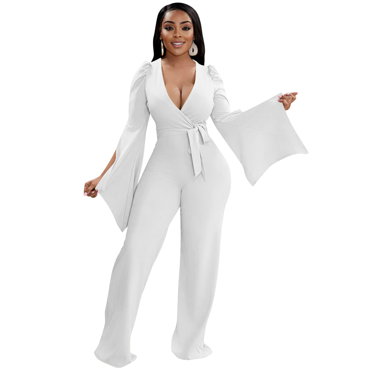 Solid Color Sexy Deep V Wrap Slit Wide Sleeve Jumpsuit Women One Piece  Trousers - The Little Connection