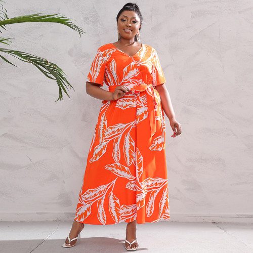 Plus Size High Waist Trendy V-Neck Floral Print Sexy Maix Dress