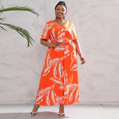 Plus Size High Waist Trendy V-Neck Floral Print Sexy Maix Dress