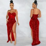 Women Fashion Strap Sequin Mesh See-Through Irregular Split Evening Dress