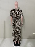 Women Clothing Summer Casual Deep V Neck Half Sleeve Leopard Printed Maxi Dress
