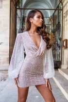 Mode Pailletten Perlen Laterne Ärmel V-Ausschnitt Bodycon Sexy Kleid