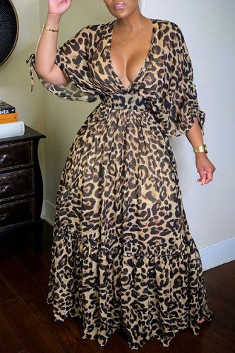 Robe longue imprimée léopard à manches mi-longues et col en V décontracté pour femme