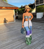 Summer Nightclub-Beach Style Tie-Dye Print Pleated Wrap Chest Strapless Top Sexy Two Piece Pants Set