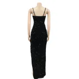 Women Fashion Strap Sequin Mesh See-Through Irregular Split Evening Dress