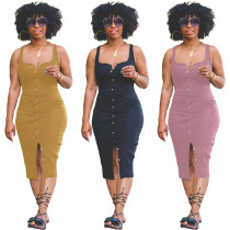 Damen Kleidung Sommer Strap Solid U-Ausschnitt ärmelloses Mode Einreiher Kleid