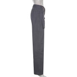 Rue Hipster femmes vêtements décontracté lâche cordon ceinture taille haute gris jambe large Denim Cargo pantalon