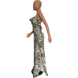 Spring/Summer Women Clothing Strap Low Back Zebra Print Side Slit Backless Maxi Dress
