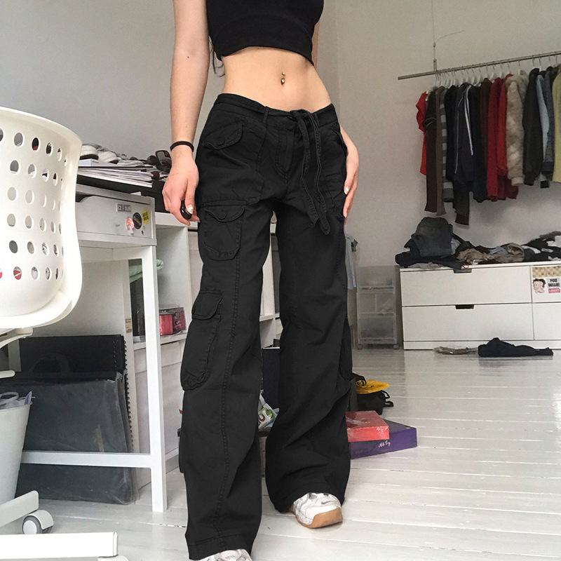 Street Hipster Women Clothing Casual Loose Drawstring Belt High Waist Grey  Wide Leg Denim Cargo Pants - The Little Connection