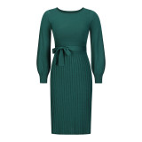 Women Clothing Fall Winter Knitting Dress Solid Long Sleeve Slim Pleated Maxi Basic Sweater Dress