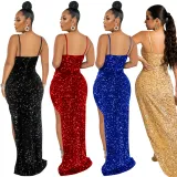 Women Fashion Strap Sequin Mesh See-Through Irregular Split Evening Dress