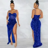 Women Fashion Strap Sequin Mesh See-Through Irregular Split Evening Dress