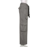 Rue Hipster femmes vêtements décontracté lâche cordon ceinture taille haute gris jambe large Denim Cargo pantalon
