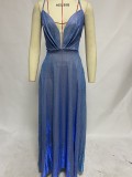 Summer Formal Blue Deep-V Strap Evening Dress