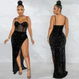 Women Fashion Strap Sequin Mesh See-Through Irregular Split Evening Dress