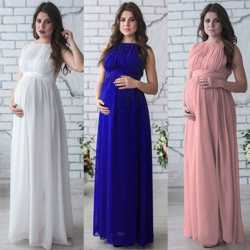 Robe de maternité pour femme printemps été couleur unie col rond photo longue robe