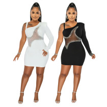One Shoulder Long Sleeve See-Through Mesh Patchwork Beaded Bodycon Dress