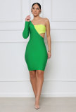 Women Summer Chic French One Shoulder Long Sleeve Contrast Bodycon Dress