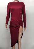 Women Long Sleeve Solid Slit Sexy Dress