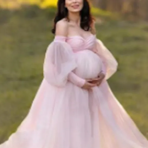 Plus Size Women Puff Sleeve Off Shoulder Mesh Maternity Dress