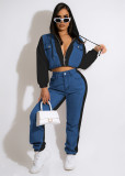 Women Fall/Winter Casual Patchwork Denim Hooded Top+ Pants Two-Piece Set