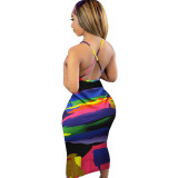 Women Summer Sexy Print Straps Sleeveless Bodycon Dress