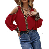 Women V-Neck Button Off Shoulder Patchwork Leopard Print Long Sleeve T-Shirt