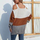 Women autumn and winter contrast color cut out shoulder slit sweater