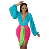 Women sexy V-neck long-sleeved bodysuit+color blocking Dress two-piece suit