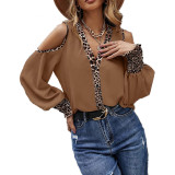 Women V-Neck Button Off Shoulder Patchwork Leopard Print Long Sleeve T-Shirt