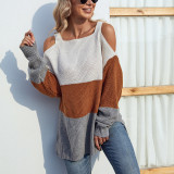 Women autumn and winter contrast color cut out shoulder slit sweater
