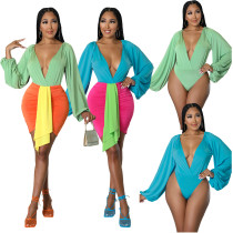 Women sexy V-neck long-sleeved bodysuit+color blocking Dress two-piece suit
