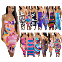 Women Summer Sexy Print Straps Sleeveless Bodycon Dress