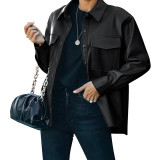 Ladies Casual Long Sleeve Pu Leather Shirt Jacket