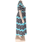 Summer Wave Stripe Print Turndown Collar Single Breasted Plus Size Women Clothes Fashion Casual Maxi Dress