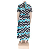 Summer Wave Stripe Print Turndown Collar Single Breasted Plus Size Women Clothes Fashion Casual Maxi Dress