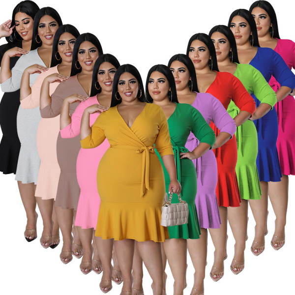 Plus Size Women Clothes Summer Solid Half Sleeve V-Neck Mermaid Midi Dress