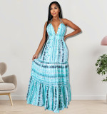 Women Clothes Summer Print Halter Strap Backless Casual Maxi Dress