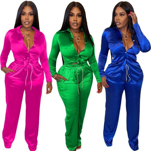 Fashion Stretch Solid Satin Long Sleeve Casual Two Piece Pants Set