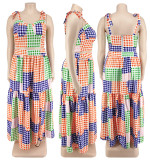 Plus Size Women Clothes Summer Plaid Crop Strap Top Loose Swing Skirt Two Piece Set